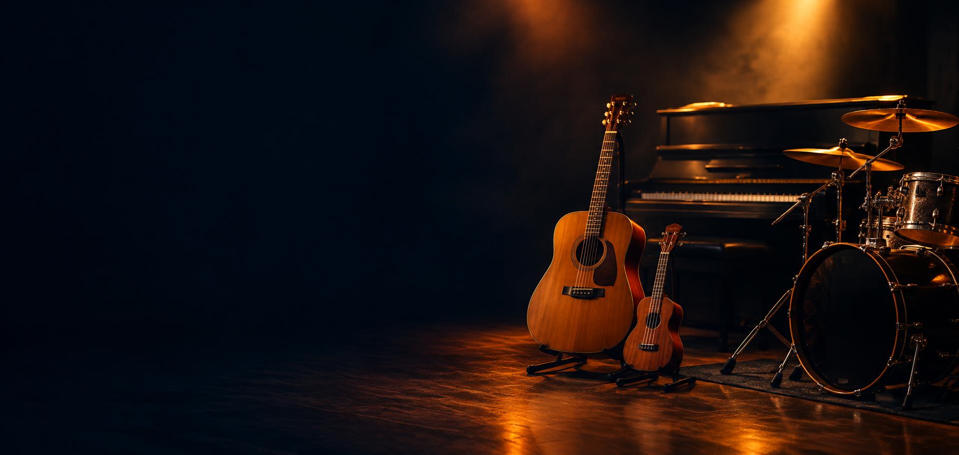Acoustic guitar, ukulele, piano and drum kit under warm stage lights
